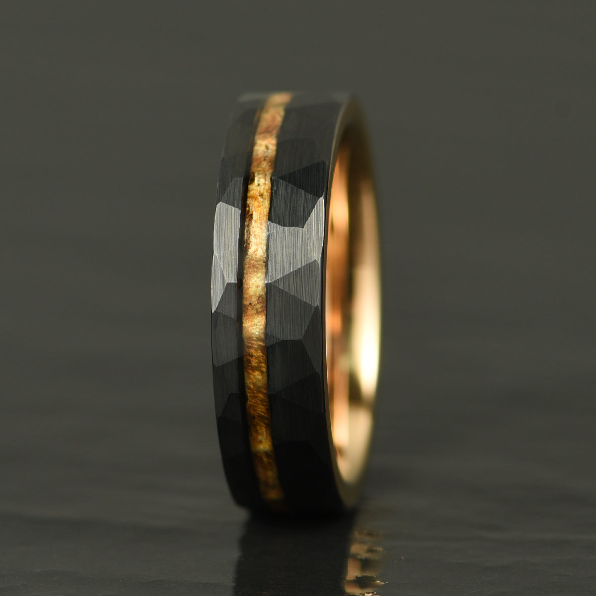 Hammered Tungsten Rose Tungsten Interior Koa Wood Inlay Men's Wedding Band 6MM