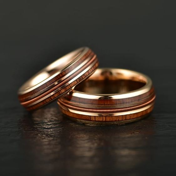 Whiskey Barrel Wood Guitar String Rose Tungsten Men's Wedding Band 8MM - PRISTINE RINGS
