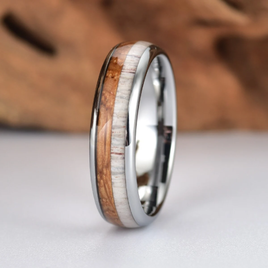 Tungsten Antler Whiskey Barrel Wood Men's Wedding Band 6MM - PRISTINE RINGS