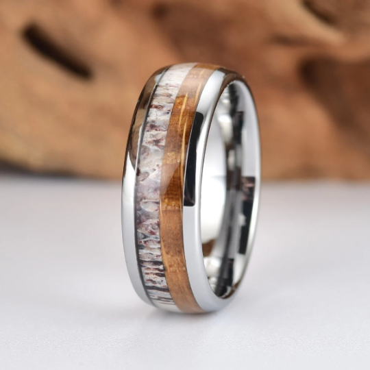 Tungsten Antler Whiskey Barrel Wood Men's Wedding Band 8MM - PRISTINE RINGS