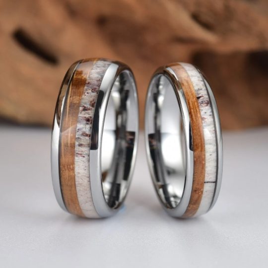 Tungsten Antler Whiskey Barrel Wood Men's Wedding Band 6MM - PRISTINE RINGS