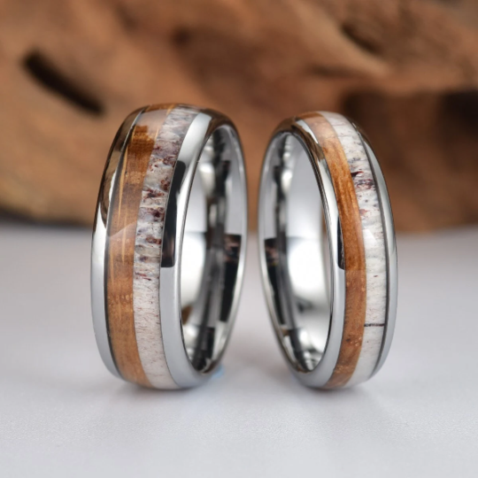 Tungsten Antler Whiskey Barrel Wood Men's Wedding Band 6MM