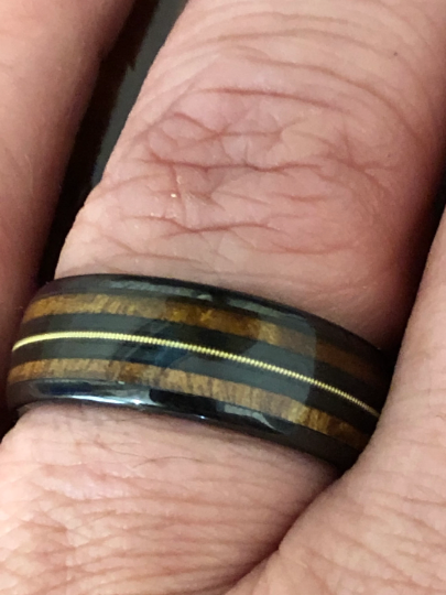 Black Ceramic Koa Wood Guitar String Men's Wedding Band 8MM