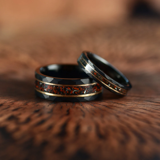 Black Hammered Tungsten Dinosaur Bone and Meteorite Men's Wedding Band 8MM - PRISTINE RINGS