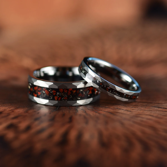 Grey Hammered Tungsten Dinosaur Bone and Meteorite Women's Wedding Band 4MM - PRISTINE RINGS