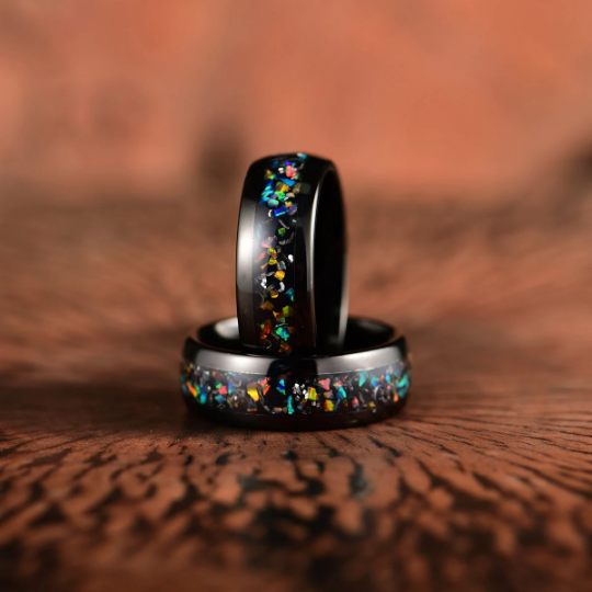 Black Tungsten Crushed Opal Rounded Men's Wedding Band 8MM - PRISTINE RINGS