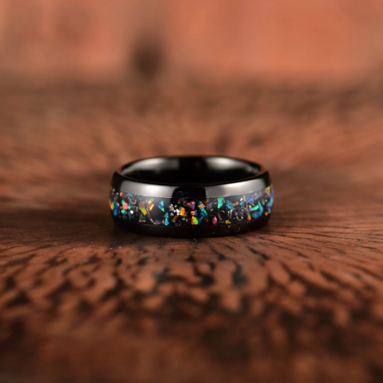 Black Tungsten Crushed Opal Rounded Men's Wedding Band 8MM - PRISTINE RINGS