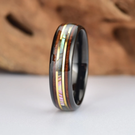 Tungsten Abalone Shell Koa Wood Women's Wedding Band 6MM - PRISTINE RINGS
