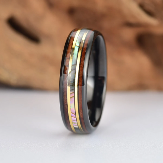 Tungsten Abalone Shell Koa Wood Women's Wedding Band 6MM