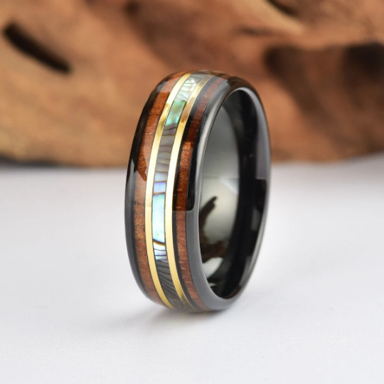 Tungsten Abalone Shell Koa Wood Men's Wedding Band 8MM