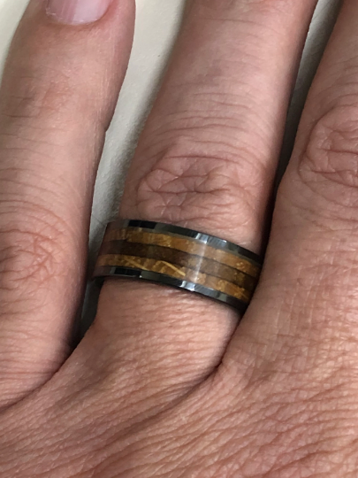 Black Ceramic Tobbaco Leaf Whiskey Barrel Wood Men's Wedding Band 8MM - PRISTINE RINGS