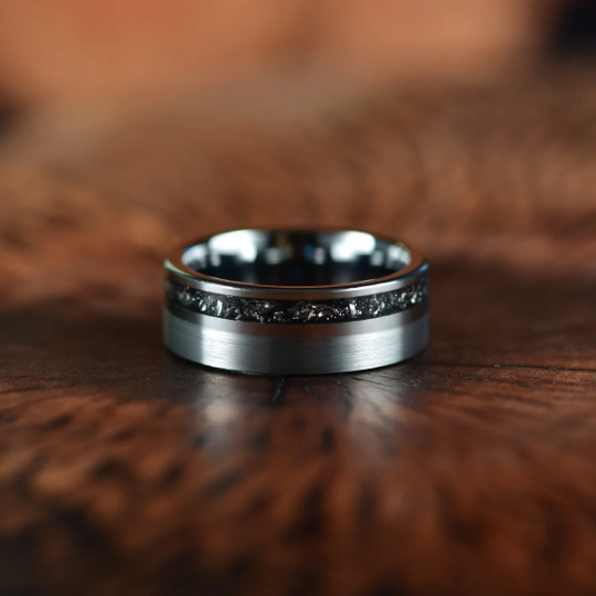 Two Tone Black Tungsten Meteorite Men's Wedding Band 8MM - PRISTINE RINGS