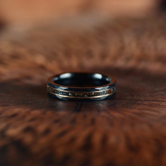 Black Hammered Tungsten Dinosaur Bone and Meteorite Women's Wedding Band 4MM - PRISTINE RINGS