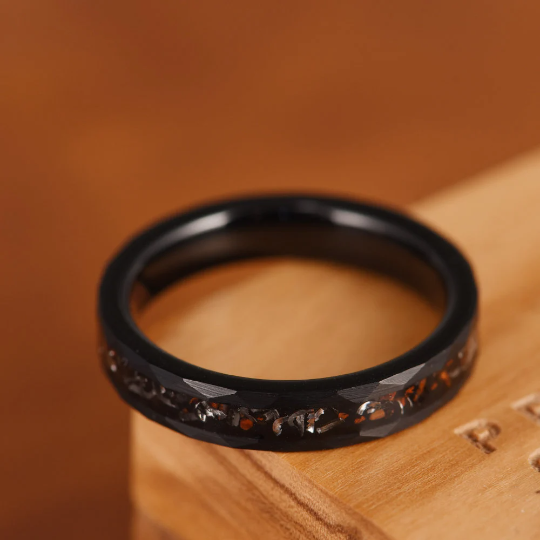Black Hammered Tungsten Dinosaur Bone and Meteorite Women's Wedding Band 4MM - PRISTINE RINGS