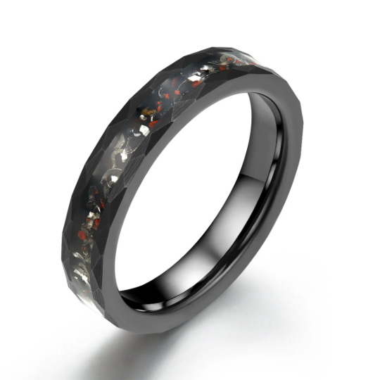 Black Hammered Tungsten Dinosaur Bone and Meteorite Women's Wedding Band 4MM - PRISTINE RINGS