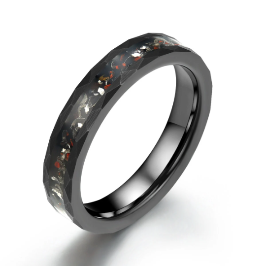 Black Hammered Tungsten Dinosaur Bone and Meteorite Women's Wedding Band 4MM