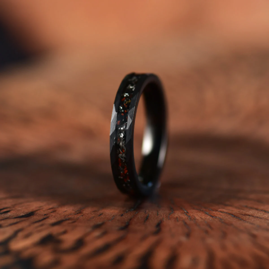 Black Hammered Tungsten Dinosaur Bone and Meteorite Women's Wedding Band 4MM - PRISTINE RINGS