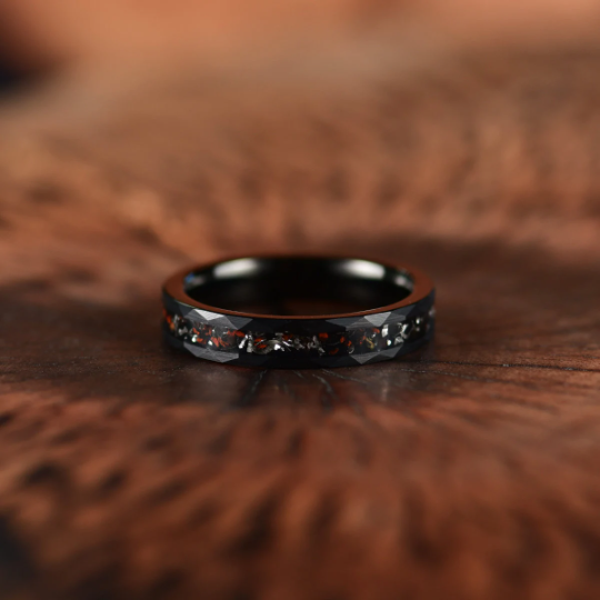 Black Hammered Tungsten Dinosaur Bone and Meteorite Women's Wedding Band 4MM - PRISTINE RINGS