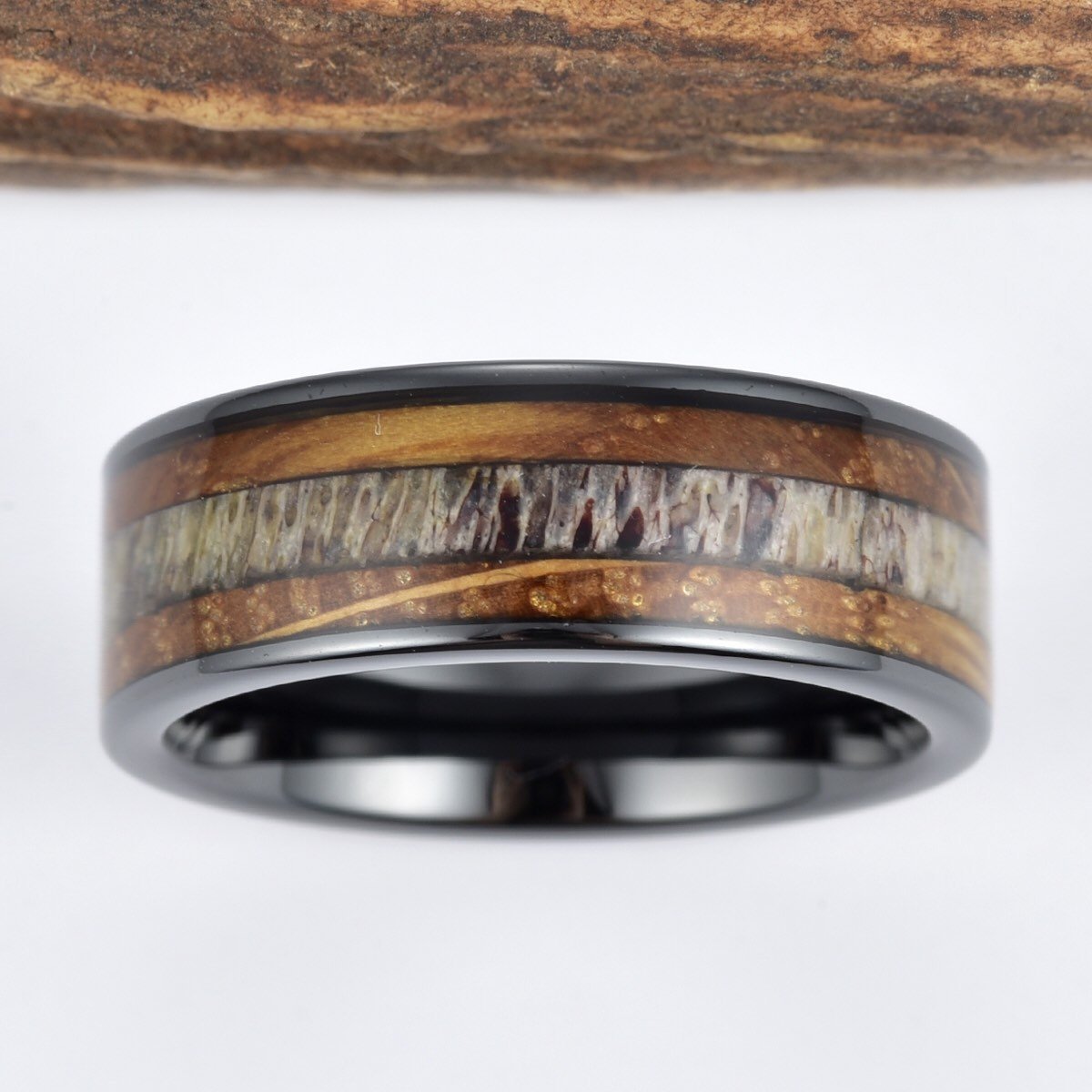 Whiskey Barrel Wood Antler Black Ceramic Ring Men's Wedding Band 8MM - PRISTINE RINGS