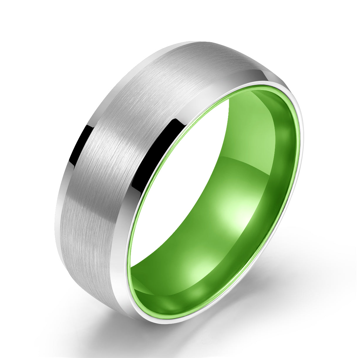 Pristine Passion Green Interior Silver Tungsten Wedding Band 8MM