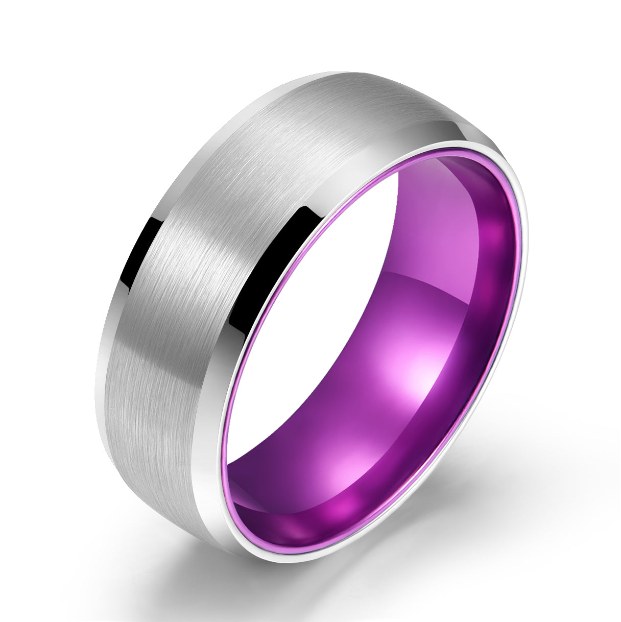 Pristine Passion Purple  Interior Silver Tungsten Wedding Band 8MM