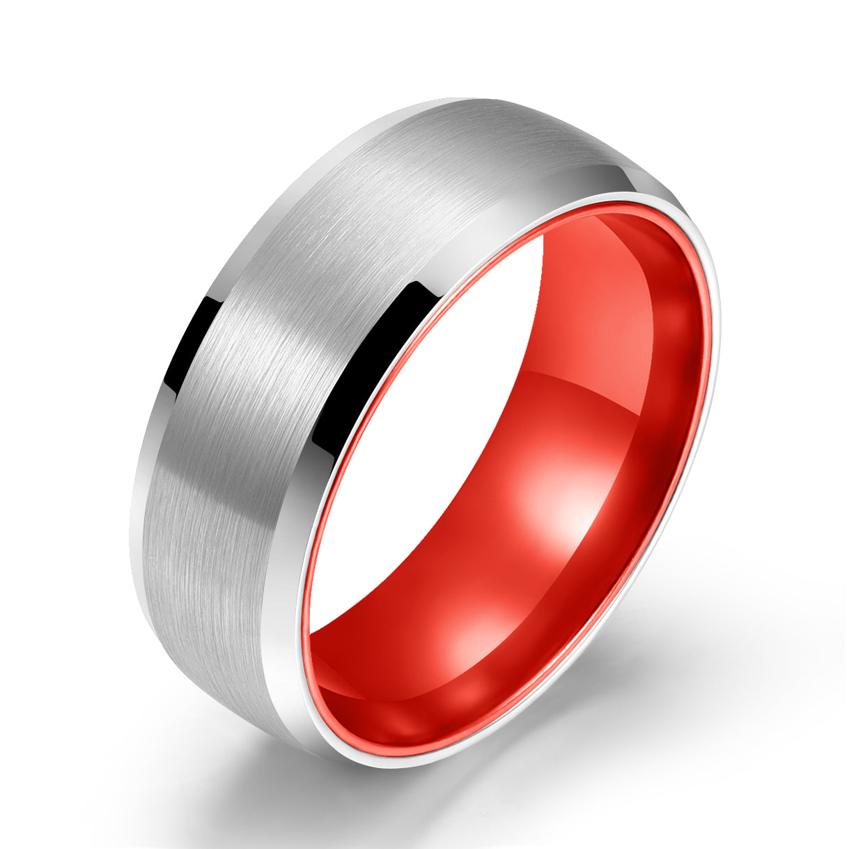 Pristine Passion Red Interior Silver Tungsten Wedding Band 8MM