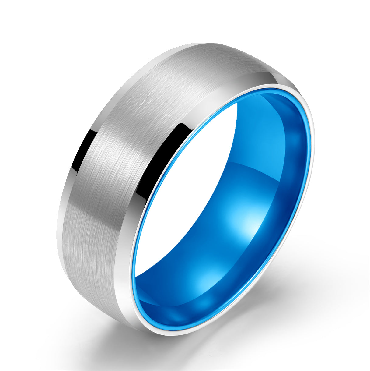 Pristine Passion Blue Interior Silver Tungsten Wedding Band 8MM