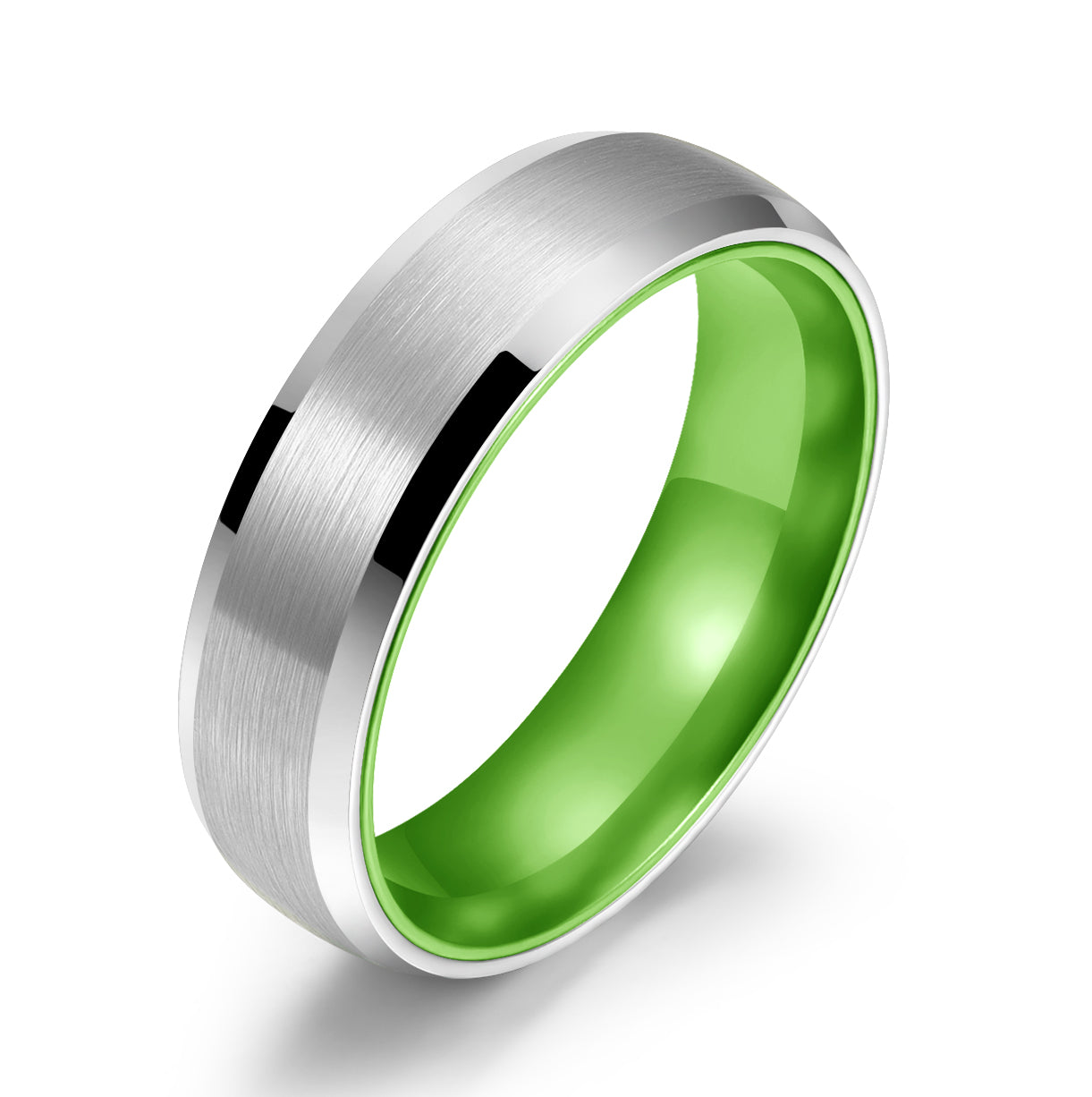 Pristine Passion Green Interior Silver Tungsten Wedding Band 6MM