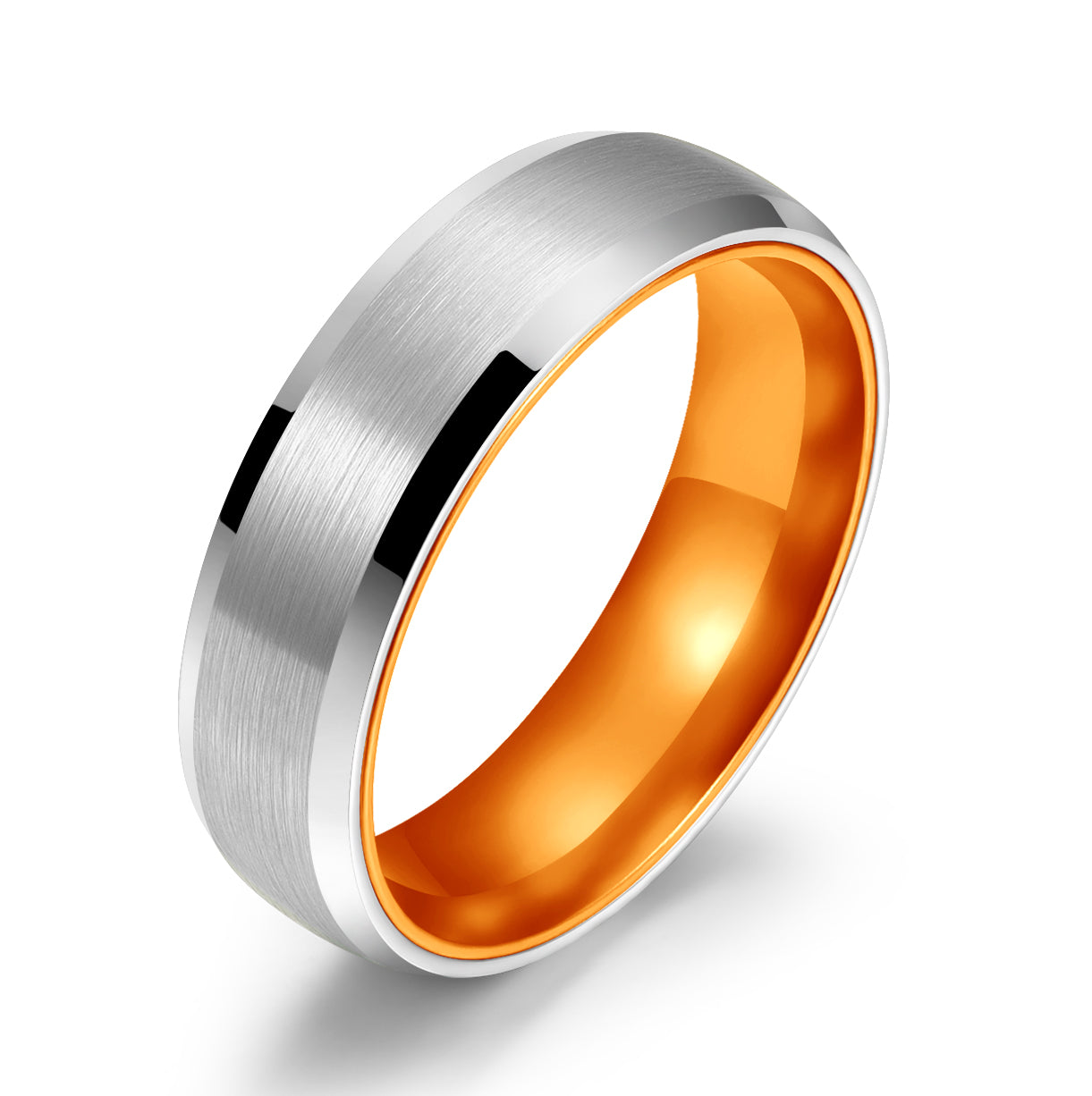 Pristine Passion Orange Interior Silver Tungsten Wedding Band 6MM