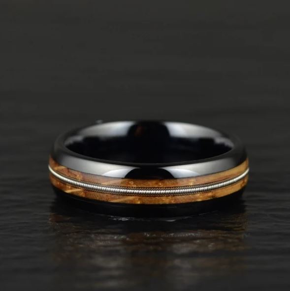 Whiskey Barrel Wood Guitar String Black Tungsten Women's Wedding Band 6MM