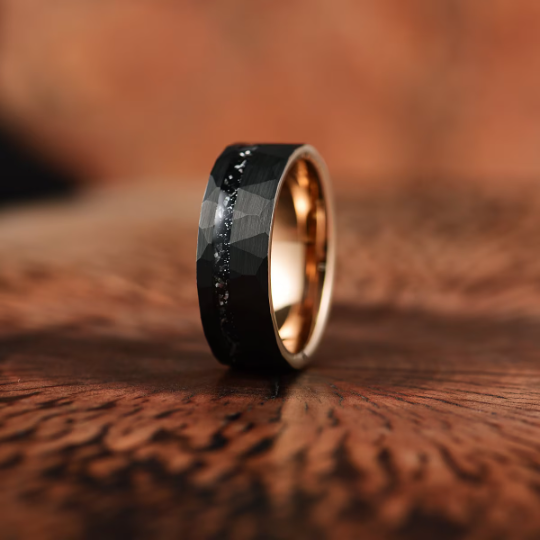 The Ironclad Ring - Rose Hammered Tungsten Crushed Meteorite Couples Wedding Band Set