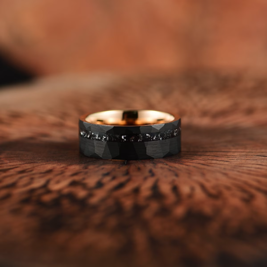 The Ironclad Ring - Rose Hammered Tungsten Crushed Meteorite Couples Wedding Band Set