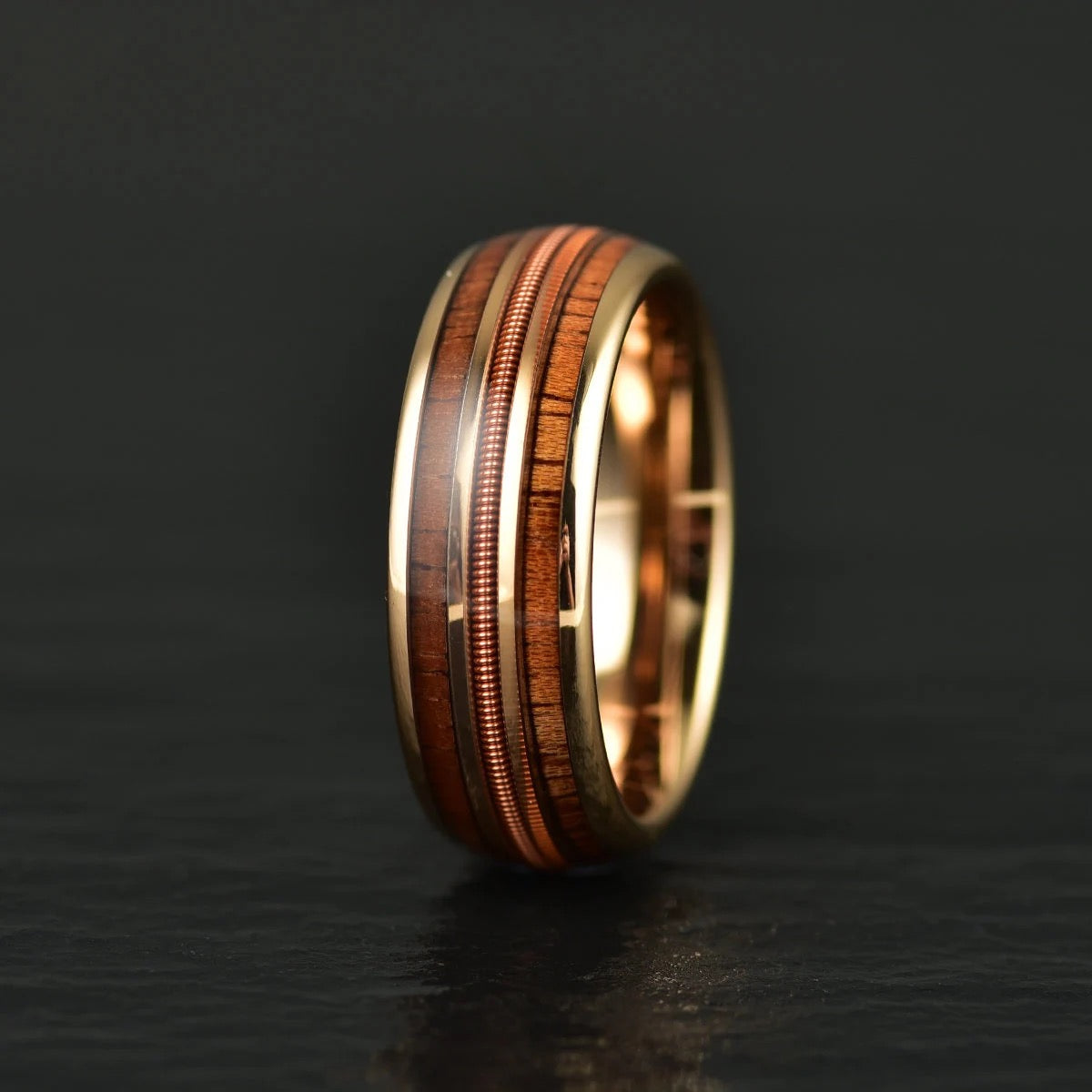 The Apollo Ring -  Whiskey Barrel Wood Guitar String Rose Tungsten Men's Wedding Band 4MM