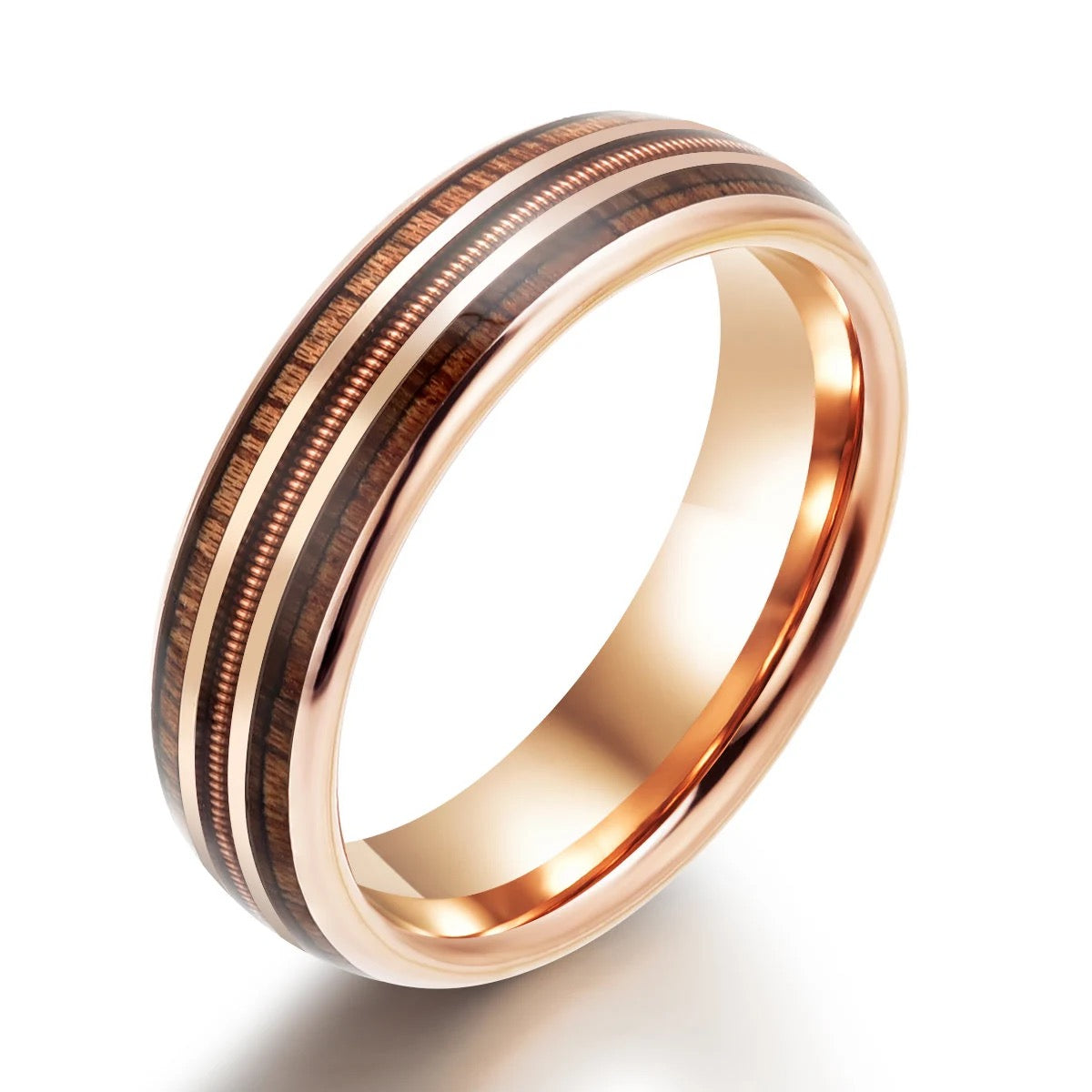 The Apollo Ring -  Whiskey Barrel Wood Guitar String Rose Tungsten Men's Wedding Band 8MM