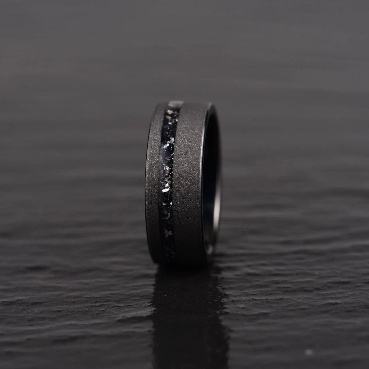 "The Black Meteorite" Muoninalusta Meteorite Black Tungsten Sandblasted Ring 8mm - PRISTINE RINGS