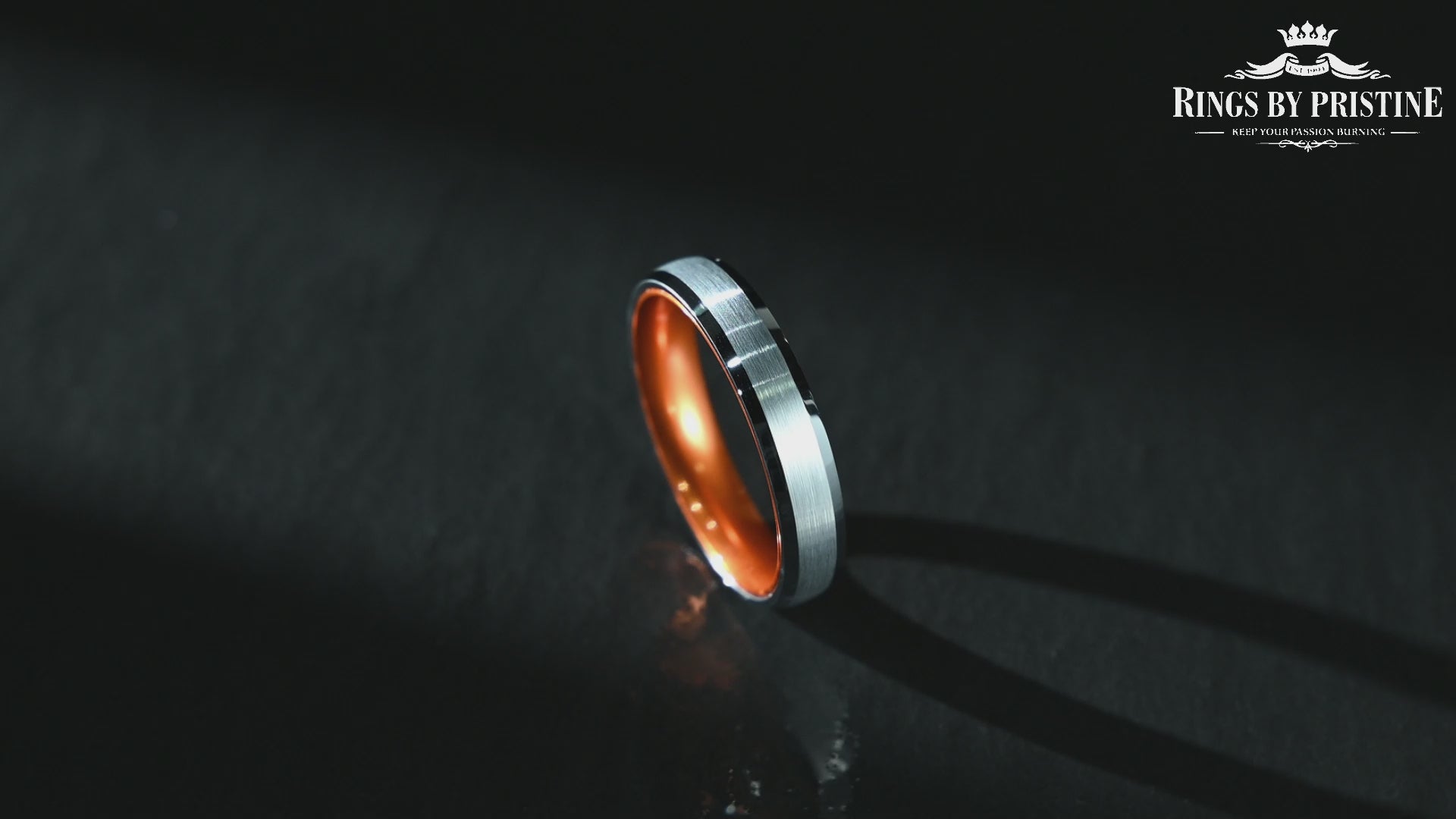 Pristine Passion Orange Interior Silver Tungsten Wedding Band 4MM