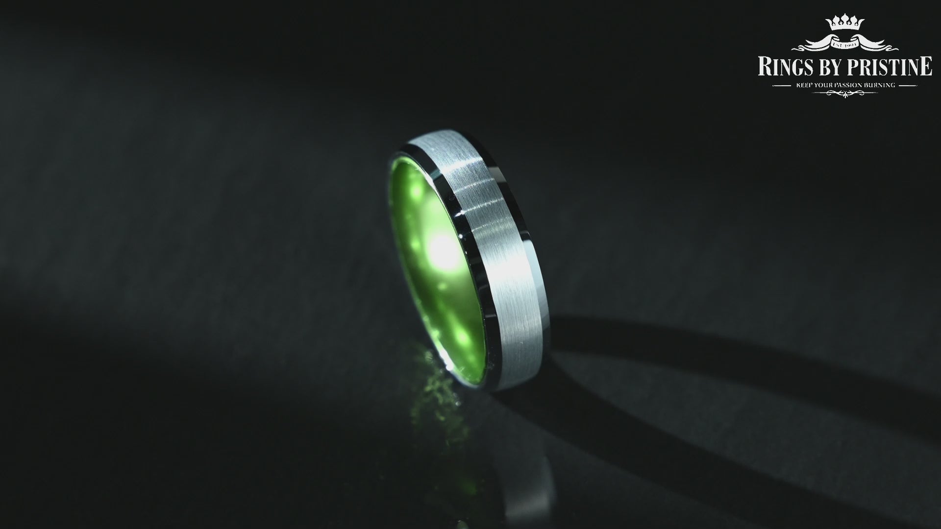 Pristine Passion Green Interior Silver Tungsten Wedding Band 6MM