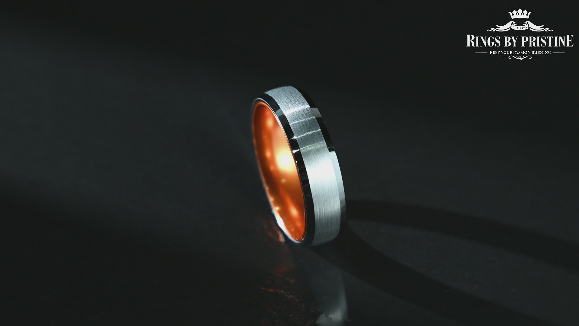 Pristine Passion Orange Interior Silver Tungsten Wedding Band 6MM