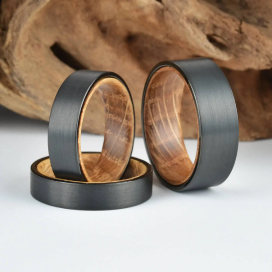 Black Tungsten Whiskey Barrel Inlay Men's Wedding Band 8MM - PRISTINE RINGS
