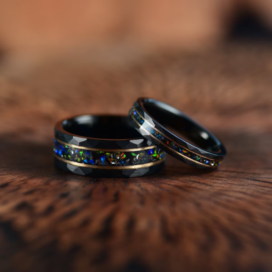 Black Hammered Tungsten Inlayed Crushed Opal Couples Wedding Band Set