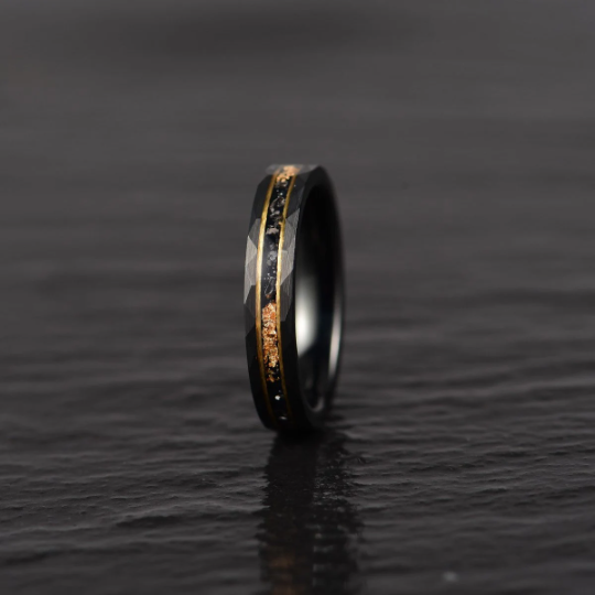 Gold Foil Tungsten and Meteorite Couples Wedding Band Set - PRISTINE RINGS