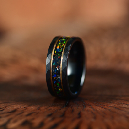 Black Hammered Tungsten Inlayed Crushed Opal Couples Wedding Band Set