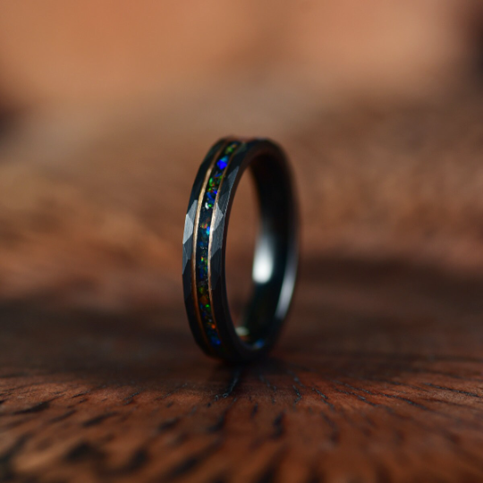 Black Hammered Tungsten Inlayed Crushed Opal Couples Wedding Band Set