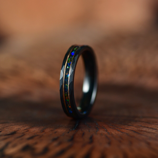 Black Hammered Tungsten Inlayed Crushed Opal Couples Wedding Band Set - PRISTINE RINGS