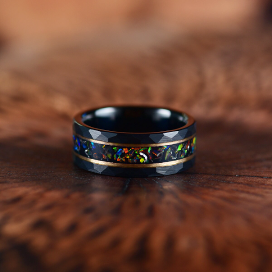 Black Hammered Tungsten Inlayed Crushed Opal Couples Wedding Band Set