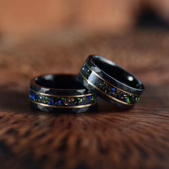 Black Hammered Tungsten Inlayed Crushed Opal Couples Wedding Band Set