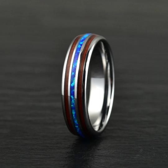 Grey Tungsten Koa Wood Blue Opal Women's Wedding Band 4MM