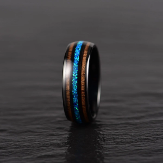 Black Tungsten Koa Wood Blue Opal Men's Wedding Band 8MM