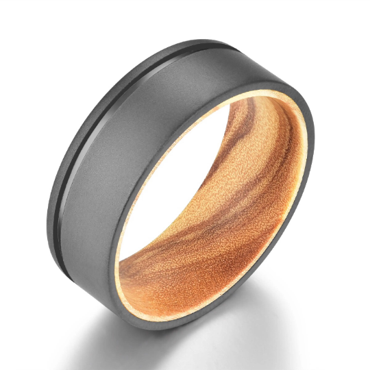 Olive Wood Black Titanium Wedding Band 8MM