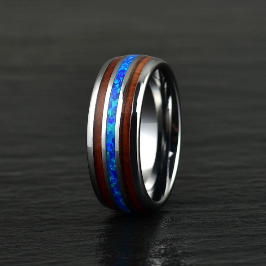 Grey Tungsten Koa Wood Blue Opal Men's Wedding Band 8MM